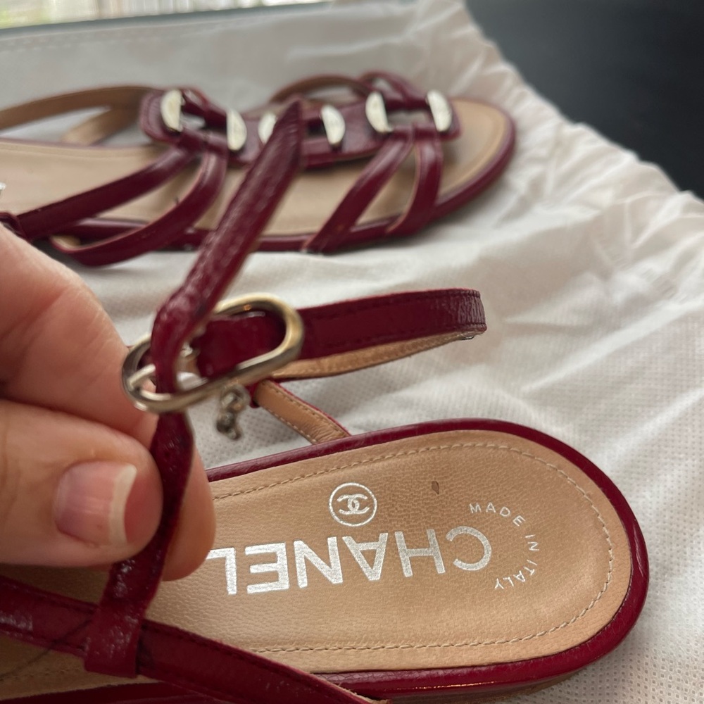 CHANEL Red Patent Leather Strappy Sandals with silver Tone Hardware - Picture 3 of 4